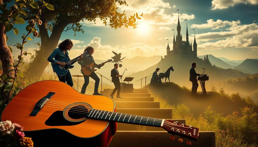 A surreal collage depicting the musical and cultural influences in "Stairway to Heaven." In the foreground, a classic acoustic guitar rests against a whimsical backdrop of vines and flowers, symbolizing folk music roots. In the middle ground, silhouettes of musicians from various genres, such as a blues guitarist, a psychedelic rock band, and a classical pianist, merge seamlessly, showcasing diverse influences. The background features ethereal landscapes with castles and mountains, representing the mystical themes in the song. Soft, golden light filters through, creating a warm and introspective atmosphere. The entire scene should evoke a sense of journey and exploration, with a dreamlike quality, reminiscent of the song's enigmatic essence. Use a wide-angle lens to capture depth and detail, enhancing the layered composition. A surreal collage depicting the musical and cultural influences in "Stairway to Heaven." In the foreground, a classic acoustic guitar rests against a whimsical backdrop of vines and flowers, symbolizing folk music roots. In the middle ground, silhouettes of musicians from various genres, such as a blues guitarist, a psychedelic rock band, and a classical pianist, merge seamlessly, showcasing diverse influences. The background features ethereal landscapes with castles and mountains, representing the mystical themes in the song. Soft, golden light filters through, creating a warm and introspective atmosphere. The entire scene should evoke a sense of journey and exploration, with a dreamlike quality, reminiscent of the song's enigmatic essence. Use a wide-angle lens to capture depth and detail, enhancing the layered composition.