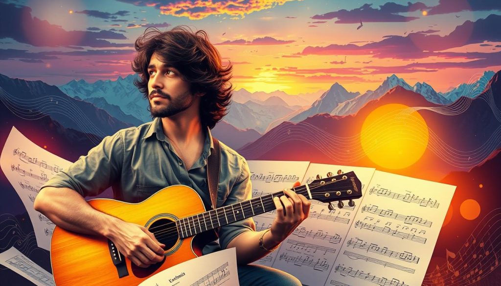 A vibrant and dynamic scene capturing the essence of musical analysis centered around "Kashmir" by Led Zeppelin. In the foreground, a musician with thoughtful expression, dressed in modest casual clothing, holds a guitar, surrounded by sheets of music and analytical notes. In the middle ground, there are visual representations of musical elements: swirling notes, rhythmic patterns, and sound waves, flowing artistically from the guitar. The background features a stylized landscape evoking the mystical and expansive feel of the Himalayas, with deep blues, purples, and golds reflecting a sunset. Soft lighting casts warm glows over the scene, creating a meditative atmosphere. The composition suggests a blend of artistic creativity and musical depth, inviting viewers to engage with the analysis of "Kashmir." A vibrant and dynamic scene capturing the essence of musical analysis centered around "Kashmir" by Led Zeppelin. In the foreground, a musician with thoughtful expression, dressed in modest casual clothing, holds a guitar, surrounded by sheets of music and analytical notes. In the middle ground, there are visual representations of musical elements: swirling notes, rhythmic patterns, and sound waves, flowing artistically from the guitar. The background features a stylized landscape evoking the mystical and expansive feel of the Himalayas, with deep blues, purples, and golds reflecting a sunset. Soft lighting casts warm glows over the scene, creating a meditative atmosphere. The composition suggests a blend of artistic creativity and musical depth, inviting viewers to engage with the analysis of "Kashmir."