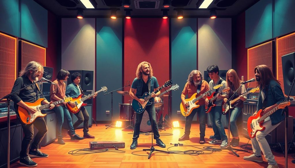 A vibrant illustration of Led Zeppelin as an innovative musical enterprise, set in a modern recording studio. In the foreground, a diverse group of musicians and producers of various ethnicities collaborate passionately, engaged in the creative process. The middle ground features advanced musical equipment and instruments, like electric guitars and a vintage microphone. The background presents large soundproof panels and LED lights, casting a warm glow to enhance the atmosphere. The composition should emphasize teamwork and creativity, with dynamic lighting that highlights the energy in the room. Capture a sense of inspiration and innovation, with a lens focusing slightly upward to convey ambition and vision in the music industry. The overall mood should be dynamic and uplifting. A vibrant illustration of Led Zeppelin as an innovative musical enterprise, set in a modern recording studio. In the foreground, a diverse group of musicians and producers of various ethnicities collaborate passionately, engaged in the creative process. The middle ground features advanced musical equipment and instruments, like electric guitars and a vintage microphone. The background presents large soundproof panels and LED lights, casting a warm glow to enhance the atmosphere. The composition should emphasize teamwork and creativity, with dynamic lighting that highlights the energy in the room. Capture a sense of inspiration and innovation, with a lens focusing slightly upward to convey ambition and vision in the music industry. The overall mood should be dynamic and uplifting.