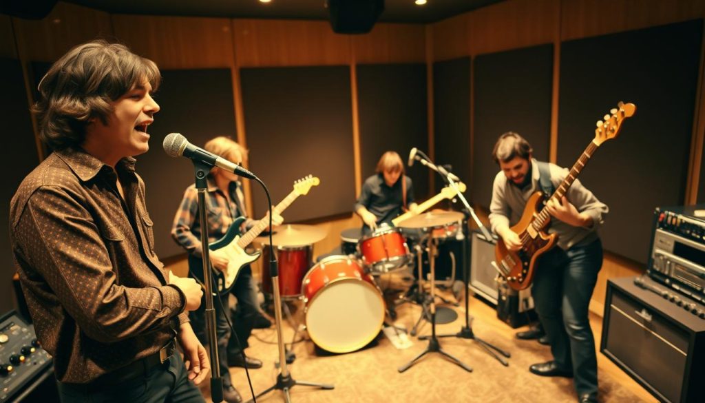 A vintage 1970s music studio scene, showcasing a group of four musicians deep in the creative process of recording "Black Dog." In the foreground, the lead singer passionately sings into a vintage microphone, dressed in classic rock attire. The middle features a guitarist playing an electric guitar, a drummer in a focused groove, and a bassist vibrating with rhythm. An array of musical instruments and recording equipment surround them. The background displays soundproofed walls, warm studio lighting casting a golden glow over the scene, with an atmosphere of artistic collaboration and intensity. Capture the essence of rock history and creativity, focusing on the energy and innovation of the Led Zeppelin IV recording session. A vintage 1970s music studio scene, showcasing a group of four musicians deep in the creative process of recording "Black Dog." In the foreground, the lead singer passionately sings into a vintage microphone, dressed in classic rock attire. The middle features a guitarist playing an electric guitar, a drummer in a focused groove, and a bassist vibrating with rhythm. An array of musical instruments and recording equipment surround them. The background displays soundproofed walls, warm studio lighting casting a golden glow over the scene, with an atmosphere of artistic collaboration and intensity. Capture the essence of rock history and creativity, focusing on the energy and innovation of the Led Zeppelin IV recording session.