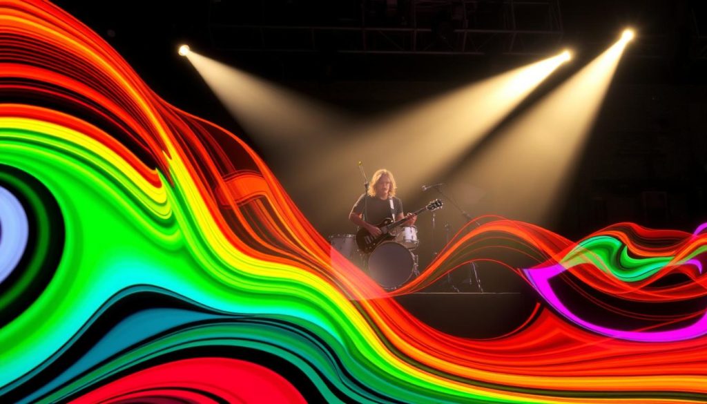 A visually striking representation of the unique rhythmic structure of "Black Dog" by Led Zeppelin, featuring a close-up of an abstract soundwave pattern that visually interprets the song's complex beats and syncopation. The foreground showcases vibrant, swirling colors that morph into geometric shapes, symbolizing the intricate time signatures and rhythmic shifts. In the middle, soft beams of light illuminate a stylized guitar and drum set, reflecting the energy of a live rock performance. The background fades into a dark stage ambiance, with subtle spotlight effects enhancing the dramatic atmosphere. The overall mood is intense and dynamic, perfectly capturing the essence of a classic rock masterpiece. A visually striking representation of the unique rhythmic structure of "Black Dog" by Led Zeppelin, featuring a close-up of an abstract soundwave pattern that visually interprets the song's complex beats and syncopation. The foreground showcases vibrant, swirling colors that morph into geometric shapes, symbolizing the intricate time signatures and rhythmic shifts. In the middle, soft beams of light illuminate a stylized guitar and drum set, reflecting the energy of a live rock performance. The background fades into a dark stage ambiance, with subtle spotlight effects enhancing the dramatic atmosphere. The overall mood is intense and dynamic, perfectly capturing the essence of a classic rock masterpiece.