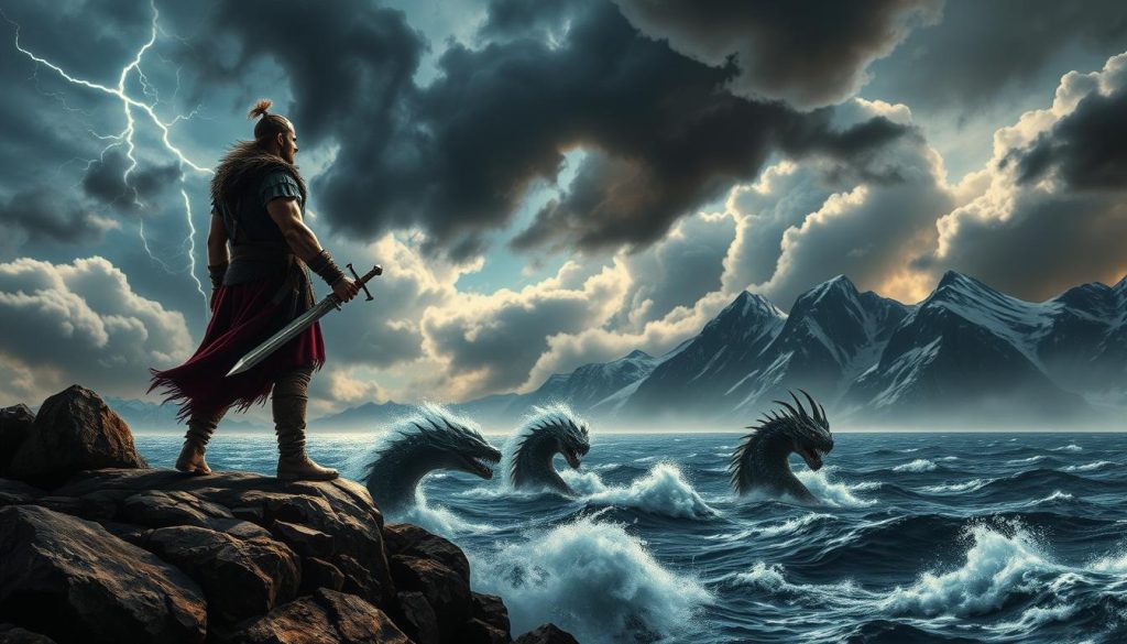 A dramatic scene depicting the essence of the lyrics of "Immigrant Song" by Led Zeppelin, blending elements of Norse mythology. In the foreground, a Viking warrior stands confidently on a rocky cliff, holding a gleaming sword, gazing towards a stormy sky filled with swirling clouds and lightning. The middle ground features a turbulent sea, with mythical sea creatures breaking through the waves, their forms echoing Norse legends. In the background, towering snow-capped mountains hint at the realm of the gods. The atmosphere is intense and powerful, with moody, dark lighting emphasizing the warrior's determination. The angle captures a dynamic view from slightly below, enhancing the sense of heroism and adventure, evoking the spirit of exploration and battle. A dramatic scene depicting the essence of the lyrics of "Immigrant Song" by Led Zeppelin, blending elements of Norse mythology. In the foreground, a Viking warrior stands confidently on a rocky cliff, holding a gleaming sword, gazing towards a stormy sky filled with swirling clouds and lightning. The middle ground features a turbulent sea, with mythical sea creatures breaking through the waves, their forms echoing Norse legends. In the background, towering snow-capped mountains hint at the realm of the gods. The atmosphere is intense and powerful, with moody, dark lighting emphasizing the warrior's determination. The angle captures a dynamic view from slightly below, enhancing the sense of heroism and adventure, evoking the spirit of exploration and battle.