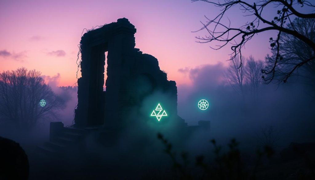 An artistic representation of the iconic cover of Led Zeppelin IV, showcasing its mysterious symbols prominently in the foreground. The scene should feature the crumbling stone structure from the cover, draped with delicate vines and surrounded by an ethereal mist that enhances the enigmatic atmosphere. Incorporate the four distinct symbols from the album, each glowing softly to highlight their significance, while artistically integrating them into the surroundings. In the background, a subtle twilight sky deepens the mood with hues of purple and dark blue. The lighting should be moody and atmospheric, casting gentle shadows that evoke a sense of intrigue. The composition should be viewed from a slightly elevated angle, creating depth and drawing the viewer into the mysterious world of Led Zeppelin IV.