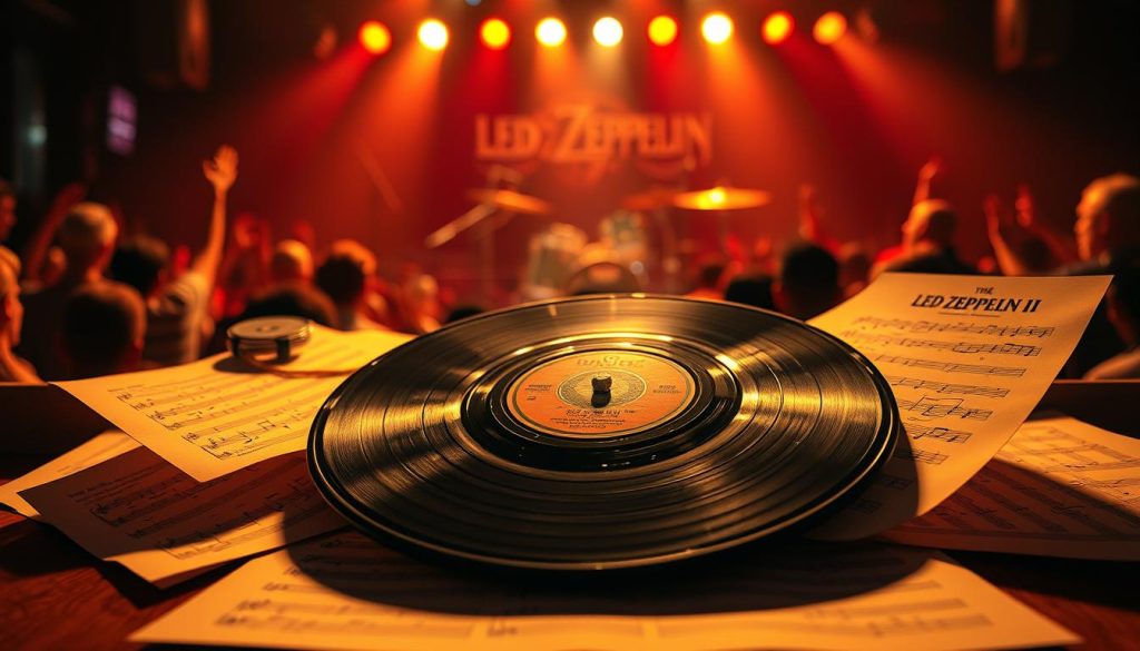 A detailed analysis of the iconic tracks from Led Zeppelin II, featuring a vintage vinyl record of the album displayed prominently in the foreground. Surround the record with elegant sheet music and notes floating around it, illuminated by soft, warm lighting that casts subtle shadows. In the middle ground, include hints of classic rock memorabilia, like a guitar and a drum kit, to evoke the era's music scene. The background should showcase an atmospheric rock concert, with fans enjoying a live performance, creating a sense of nostalgia. The overall mood is vibrant and energetic, reflecting the passion of rock music. Use a slightly tilted angle to give the image a dynamic feel, ensuring no text or logos are present.