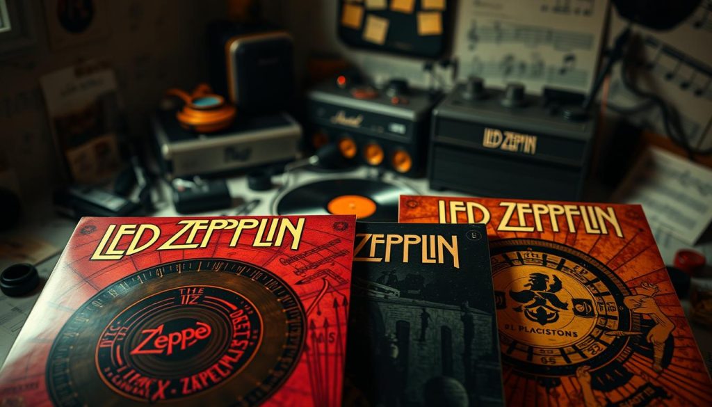 A detailed and visually striking composition featuring the iconic album covers of Led Zeppelin III, IV, and Physical Graffiti, arranged in a creative layout. In the foreground, prominently display the album covers with intricate details, showcasing the unique artwork and textures. The middle layer includes a subtle vintage vinyl record player, softly lit, evoking a sense of nostalgia. In the background, a dimly lit room filled with scattered musical notes and instruments creates an intimate atmosphere. Soft, warm lighting highlights the covers and record player, enhancing the mood of a classic rock vibe. The focus should be on the albums, reflecting their significance and artistry in music history. Ensure clarity and depth in the image, with a slight vignette effect to draw attention to the center.
