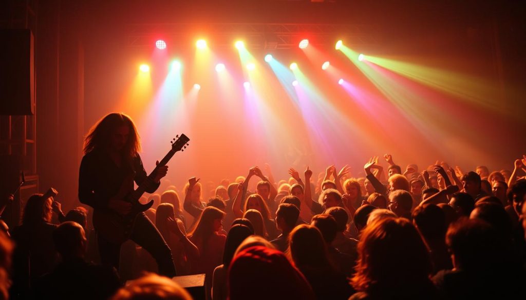 A dynamic concert scene capturing the essence of Led Zeppelin II, with an intense energy radiating from the stage. In the foreground, a rock band passionately performs, featuring the iconic silhouette of a lead guitarist electrifying the crowd with his solo. The middle section showcases a vibrant audience, swaying and immersed in the music, dressed in 1970s attire. The background is filled with atmospheric stage lights, casting a colorful glow that reflects the innovative spirit of the album. A warm, nostalgic haze envelops the scene, evoking a sense of exploration and groundbreaking impact. Use dramatic lighting to enhance the mood, with shallow depth of field to focus on the performers while softly blurring the crowd. The image should convey excitement and the transformative power of music. A dynamic concert scene capturing the essence of Led Zeppelin II, with an intense energy radiating from the stage. In the foreground, a rock band passionately performs, featuring the iconic silhouette of a lead guitarist electrifying the crowd with his solo. The middle section showcases a vibrant audience, swaying and immersed in the music, dressed in 1970s attire. The background is filled with atmospheric stage lights, casting a colorful glow that reflects the innovative spirit of the album. A warm, nostalgic haze envelops the scene, evoking a sense of exploration and groundbreaking impact. Use dramatic lighting to enhance the mood, with shallow depth of field to focus on the performers while softly blurring the crowd. The image should convey excitement and the transformative power of music.