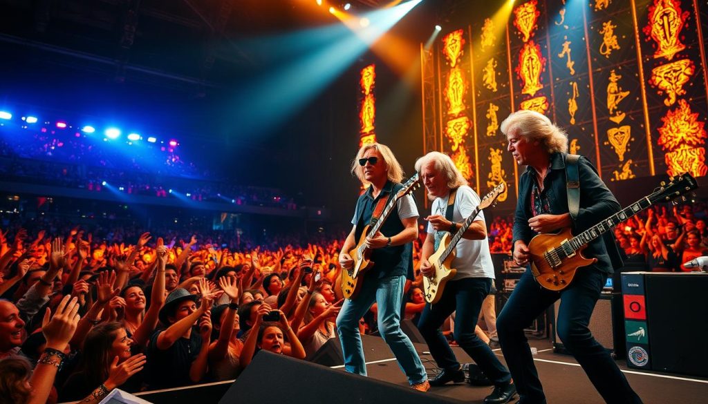 A dynamic concert scene capturing the iconic reunion of Led Zeppelin at the O2 Arena in London during "Celebration Day" in 2007. In the foreground, the band members – Robert Plant, Jimmy Page, John Paul Jones, and Jason Bonham – passionately performing, dressed in stylish yet modest casual clothing, exuding energy and camaraderie. The middle ground showcases a vibrant crowd, with fans in a euphoric state, hands raised, faces illuminated by colorful stage lights. The background features the grand architecture of the O2 Arena, lit up with stunning light displays. The image should have dramatic lighting, with a warm, celebratory glow, emphasizing the electrifying atmosphere of the moment. A slightly low-angle view to enhance the stage presence, with the focus on the band and audience interaction, encapsulating the spirit of this legendary event.
