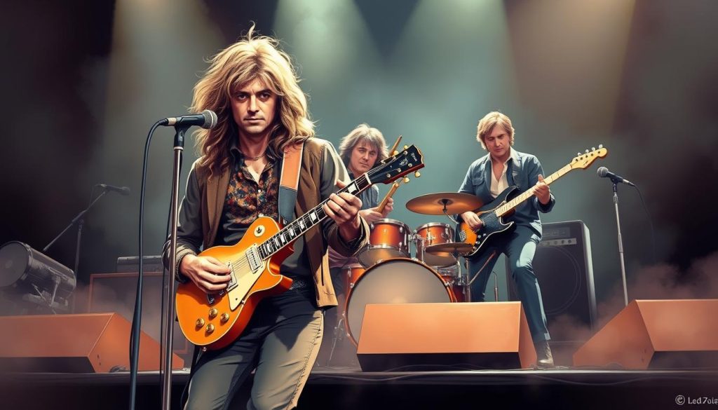 A dynamic illustration of the iconic members of Led Zeppelin, capturing their distinct personalities and contributions to the band's legendary sound. In the foreground, portray Robert Plant with long, flowing hair, dressed in a stylish, casual 1970s outfit, exuding charisma as he leans into a microphone. Beside him, Jimmy Page with a focused expression, playing a vintage electric guitar, wears a classic rock ensemble. In the background, John Paul Jones skillfully plays bass and keyboards, while John Bonham energetically sits at a drum set, his presence commanding the scene. The atmosphere is electric, with dramatic, soft lighting to highlight the musicians, set against a smoky, intimate stage backdrop that evokes the spirit of a live concert. The angle captures the dynamic energy of the band while ensuring a cohesive and focused composition.