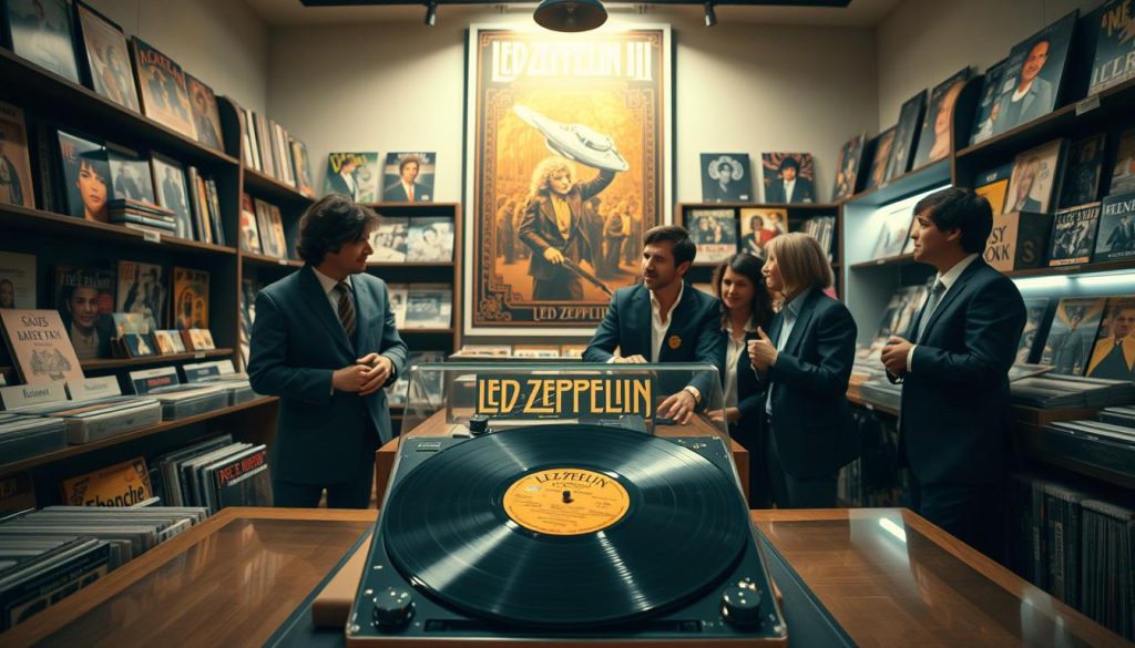 A dynamic scene capturing the commercial success and enduring legacy of the iconic album "Led Zeppelin II". In the foreground, a stylishly adorned vintage record shop showcasing a vinyl display of "Led Zeppelin II" prominently on the counter, surrounded by enthusiastic fans in professional business attire discussing the album's impact. In the middle ground, detailed shelves filled with classic albums evoke nostalgia, while a display poster of the album towers above, featuring its iconic artwork. The background features a softly lit interior that exudes a warm, inviting atmosphere. The lighting is soft and cozy, reminiscent of a late afternoon glow, enhancing the feeling of camaraderie among the fans. Use a wide-angle lens to capture the ambiance and emotion of the scene, emphasizing the album’s significance in music history.