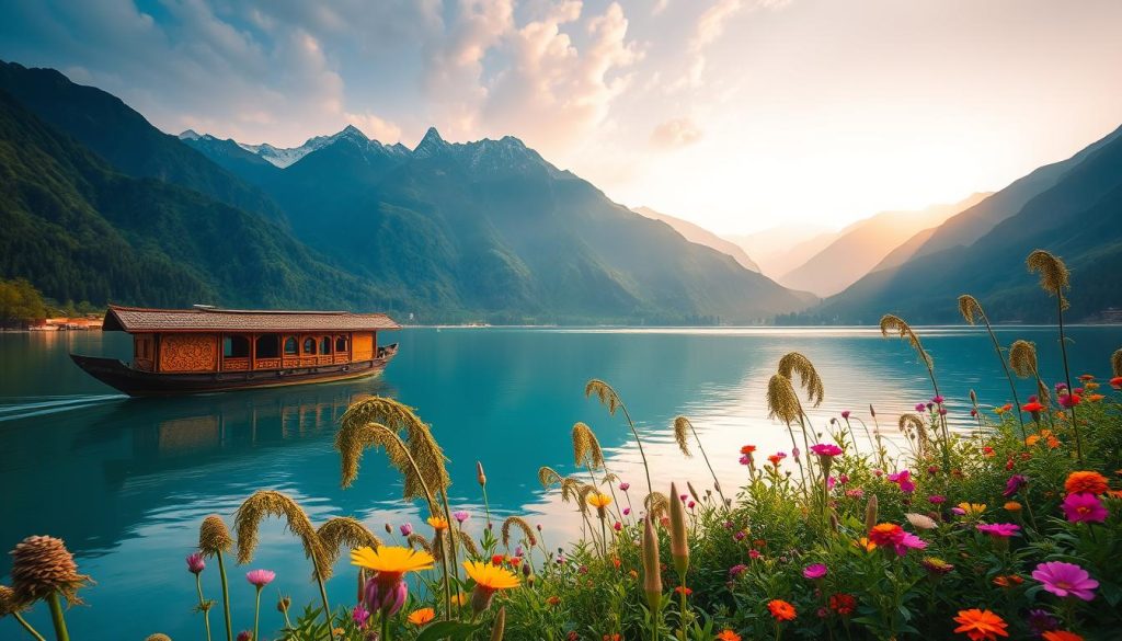 A mystical landscape capturing the essence of Kashmir, featuring lush green mountains and a serene blue lake reflecting the sky. In the foreground, a traditional Kashmiri houseboat adorned with intricate wood carvings floats gently on the water. The middle ground showcases gracefully swaying willows and vibrant wildflowers in full bloom. In the background, towering snow-capped peaks rise majestically under a warm golden hour light, casting a soft glow over the scene. The mood is ethereal and tranquil, evoking a sense of adventure and mystique, reminiscent of the exotic soundscapes of "Kashmir" by Led Zeppelin. The composition is captured with a wide-angle lens to emphasize the vastness of the landscape, focusing on the interplay of light and shadow. A mystical landscape capturing the essence of Kashmir, featuring lush green mountains and a serene blue lake reflecting the sky. In the foreground, a traditional Kashmiri houseboat adorned with intricate wood carvings floats gently on the water. The middle ground showcases gracefully swaying willows and vibrant wildflowers in full bloom. In the background, towering snow-capped peaks rise majestically under a warm golden hour light, casting a soft glow over the scene. The mood is ethereal and tranquil, evoking a sense of adventure and mystique, reminiscent of the exotic soundscapes of "Kashmir" by Led Zeppelin. The composition is captured with a wide-angle lens to emphasize the vastness of the landscape, focusing on the interplay of light and shadow.
