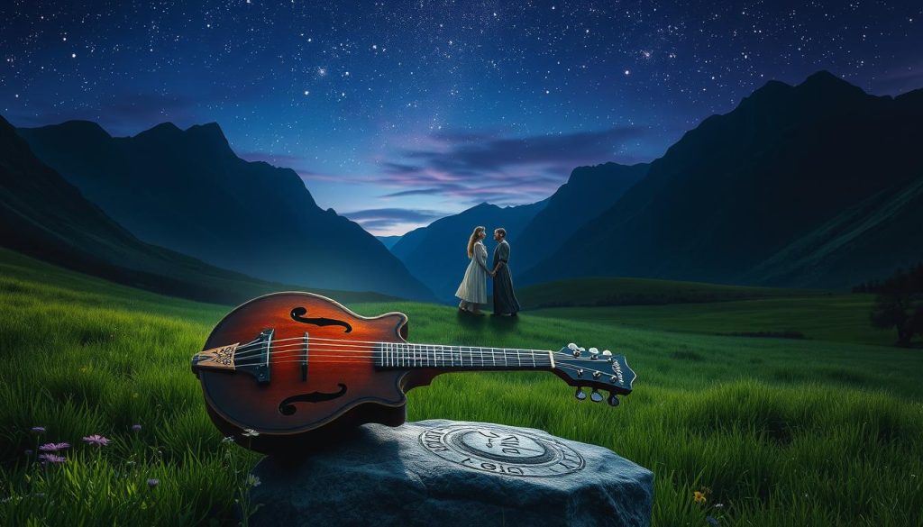 A mystical landscape inspired by "The Battle of Evermore," featuring a lush green valley under a twilight sky filled with stars. In the foreground, a beautifully detailed mandolin rests on a stone with intricate engravings, surrounded by wildflowers. In the middle ground, two ethereal figures reminiscent of medieval warriors, dressed in flowing, modest garments, stand facing each other with expressions of passion and conflict, their hands raised as if weaving a tale. The background reveals towering, dark mountains silhouetted against a deep blue and purple sky, casting long shadows. Soft, ethereal lighting highlights the mandolin and figures, creating an atmosphere of enchanting storytelling and ancient legends, evoking both tension and beauty without clutter. A mystical landscape inspired by "The Battle of Evermore," featuring a lush green valley under a twilight sky filled with stars. In the foreground, a beautifully detailed mandolin rests on a stone with intricate engravings, surrounded by wildflowers. In the middle ground, two ethereal figures reminiscent of medieval warriors, dressed in flowing, modest garments, stand facing each other with expressions of passion and conflict, their hands raised as if weaving a tale. The background reveals towering, dark mountains silhouetted against a deep blue and purple sky, casting long shadows. Soft, ethereal lighting highlights the mandolin and figures, creating an atmosphere of enchanting storytelling and ancient legends, evoking both tension and beauty without clutter.