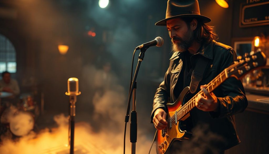 A soulful blues scene inspired by "Since I've Been Loving You" by Led Zeppelin. In the foreground, a lone musician passionately plays an electric guitar, with deep emotion etched across his face. He wears a classic black leather jacket and a fedora, surrounded by subtle smoke that adds a mystical atmosphere. In the middle ground, an old wooden microphone stands on a vintage stage, illuminated with warm, golden lighting, creating a nostalgic vibe. The background features soft-focus shadows of an intimate jazz club, with dim lights and a hint of a bar, evoking the spirit of a blues performance. The overall mood is rich and evocative, capturing the essence of a masterfully played blues piece. A soulful blues scene inspired by "Since I've Been Loving You" by Led Zeppelin. In the foreground, a lone musician passionately plays an electric guitar, with deep emotion etched across his face. He wears a classic black leather jacket and a fedora, surrounded by subtle smoke that adds a mystical atmosphere. In the middle ground, an old wooden microphone stands on a vintage stage, illuminated with warm, golden lighting, creating a nostalgic vibe. The background features soft-focus shadows of an intimate jazz club, with dim lights and a hint of a bar, evoking the spirit of a blues performance. The overall mood is rich and evocative, capturing the essence of a masterfully played blues piece.