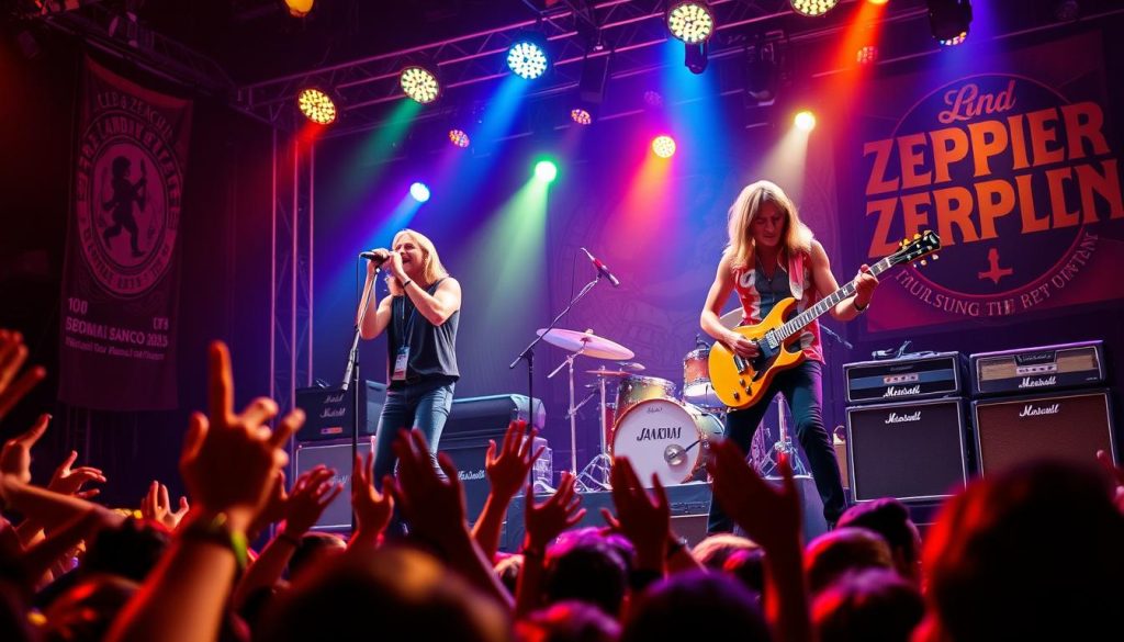 A vibrant 1970s concert scene featuring Led Zeppelin performing on stage, with Robert Plant energetically singing into the microphone, Jimmy Page passionately playing his iconic double-neck guitar, and John Bonham powerfully drumming in the background. The atmosphere is electric, with colorful stage lights illuminating the band and a captivated audience in the foreground, raising their arms in excitement. The background showcases vintage concert banners and amplifiers, creating a nostalgic vibe. The image is captured from a low angle to emphasize the grandeur of the performance, with a slightly blurred crowd to enhance the focus on the band. Warm, dynamic lighting enhances the feeling of a legendary rock concert during the golden age of the 1970s. A vibrant 1970s concert scene featuring Led Zeppelin performing on stage, with Robert Plant energetically singing into the microphone, Jimmy Page passionately playing his iconic double-neck guitar, and John Bonham powerfully drumming in the background. The atmosphere is electric, with colorful stage lights illuminating the band and a captivated audience in the foreground, raising their arms in excitement. The background showcases vintage concert banners and amplifiers, creating a nostalgic vibe. The image is captured from a low angle to emphasize the grandeur of the performance, with a slightly blurred crowd to enhance the focus on the band. Warm, dynamic lighting enhances the feeling of a legendary rock concert during the golden age of the 1970s.