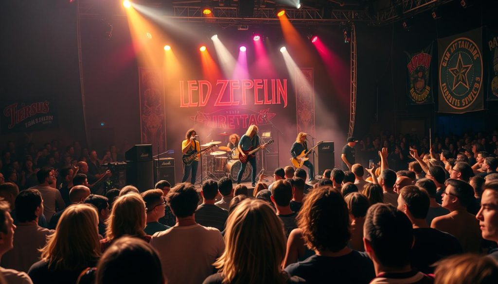 A vibrant and dynamic scene capturing the essence of a legendary Led Zeppelin concert, illustrating their lasting impact on live music and rock culture. Foreground: a diverse crowd of fans in casual clothing, rapt in attention, with expressions of joy and amazement. Middle ground: an energetic band on stage, featuring musicians in stylish, classic rock attire, passionately performing with iconic instruments like electric guitars and a drum set, surrounded by colorful lights and smoke. Background: an expansive concert venue filled with vivid visual elements like banners and psychedelic art. The atmosphere is electric with a dramatic spotlight effect, capturing the mood of celebration and nostalgia, shot from a slightly elevated angle to showcase the excitement. Use warm, contrasting lighting to evoke a sense of timeless rock energy. A vibrant and dynamic scene capturing the essence of a legendary Led Zeppelin concert, illustrating their lasting impact on live music and rock culture. Foreground: a diverse crowd of fans in casual clothing, rapt in attention, with expressions of joy and amazement. Middle ground: an energetic band on stage, featuring musicians in stylish, classic rock attire, passionately performing with iconic instruments like electric guitars and a drum set, surrounded by colorful lights and smoke. Background: an expansive concert venue filled with vivid visual elements like banners and psychedelic art. The atmosphere is electric with a dramatic spotlight effect, capturing the mood of celebration and nostalgia, shot from a slightly elevated angle to showcase the excitement. Use warm, contrasting lighting to evoke a sense of timeless rock energy.