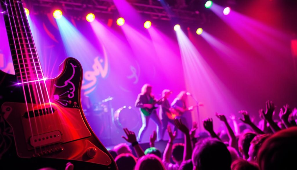 A vibrant, dynamic concert scene reflecting the spirit of Led Zeppelin's best songs, featuring a close-up of an electric guitar in the foreground, embellished with psychedelic light effects emanating from it. In the middle, a group of musicians passionately playing on stage, wearing professional attire, radiating energy and connection, with a backdrop of colorful stage lights creating a captivating atmosphere. The background shows an enthusiastic crowd, hands raised in appreciation, silhouetted against a backdrop of swirling, vivid colors that represent the band’s musical influence and legacy. The lighting is dramatic, with focused beams highlighting the musicians and the guitar, capturing the intensity of a live performance. The overall mood is electric and nostalgic, celebrating the music that continues to inspire generations. A vibrant, dynamic concert scene reflecting the spirit of Led Zeppelin's best songs, featuring a close-up of an electric guitar in the foreground, embellished with psychedelic light effects emanating from it. In the middle, a group of musicians passionately playing on stage, wearing professional attire, radiating energy and connection, with a backdrop of colorful stage lights creating a captivating atmosphere. The background shows an enthusiastic crowd, hands raised in appreciation, silhouetted against a backdrop of swirling, vivid colors that represent the band’s musical influence and legacy. The lighting is dramatic, with focused beams highlighting the musicians and the guitar, capturing the intensity of a live performance. The overall mood is electric and nostalgic, celebrating the music that continues to inspire generations.