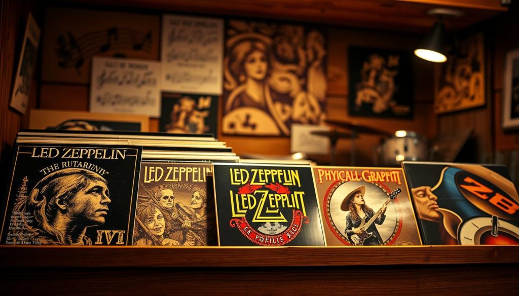 A visually striking overview of Led Zeppelin's albums displayed prominently on a vintage wooden record shelf. In the foreground, showcase detailed covers of iconic albums like "Led Zeppelin IV" and "Physical Graffiti," arranged artistically with a slight perspective angle. The middle layer features a warm, ambient lighting that enhances the textures of the album covers and the wood grain of the shelf. In the background, softly blurred musical notes and instruments like a guitar and a drum set hint at the band's rock origins, creating a nostalgic atmosphere. The color palette should be a blend of earthy tones, with highlights that evoke a sense of warmth and classic rock history, encapsulating the evolution of their sound. No text or logos present. A visually striking overview of Led Zeppelin's albums displayed prominently on a vintage wooden record shelf. In the foreground, showcase detailed covers of iconic albums like "Led Zeppelin IV" and "Physical Graffiti," arranged artistically with a slight perspective angle. The middle layer features a warm, ambient lighting that enhances the textures of the album covers and the wood grain of the shelf. In the background, softly blurred musical notes and instruments like a guitar and a drum set hint at the band's rock origins, creating a nostalgic atmosphere. The color palette should be a blend of earthy tones, with highlights that evoke a sense of warmth and classic rock history, encapsulating the evolution of their sound. No text or logos present.